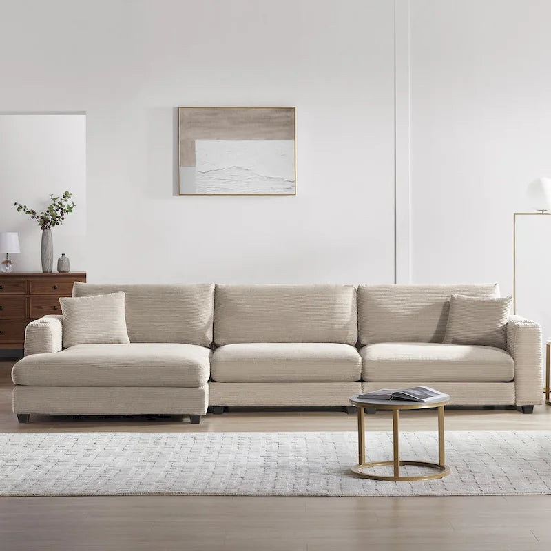 Canapé Sectionnel Surdimensionné en Velours Côtelé, Canapé Nuage Forme L avec Port de Chargement USB, Porte-Gobelet, Canapé-Lit Assise Profonde avec Méridienne 50 pouces
