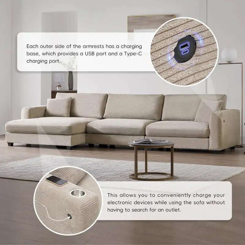 Canapé Sectionnel Surdimensionné en Velours Côtelé, Canapé Nuage Forme L avec Port de Chargement USB, Porte-Gobelet, Canapé-Lit Assise Profonde avec Méridienne 50 pouces