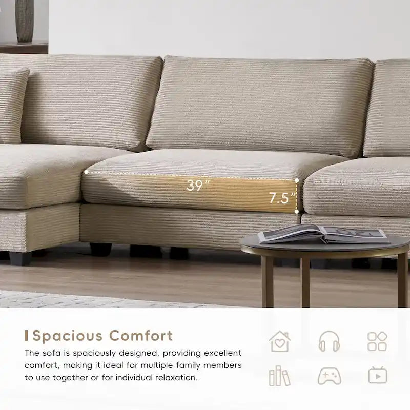Canapé Sectionnel Surdimensionné en Velours Côtelé, Canapé Nuage Forme L avec Port de Chargement USB, Porte-Gobelet, Canapé-Lit Assise Profonde avec Méridienne 50 pouces