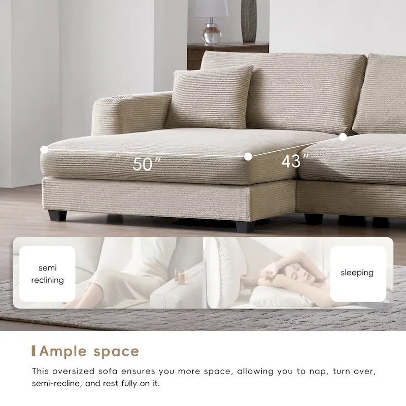 Canapé Sectionnel Surdimensionné en Velours Côtelé, Canapé Nuage Forme L avec Port de Chargement USB, Porte-Gobelet, Canapé-Lit Assise Profonde avec Méridienne 50 pouces