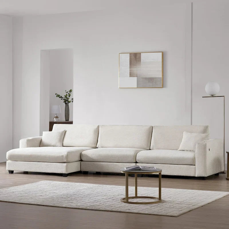 Canapé Sectionnel Surdimensionné en Velours Côtelé, Canapé Nuage Forme L avec Port de Chargement USB, Porte-Gobelet, Canapé-Lit Assise Profonde avec Méridienne 50 pouces