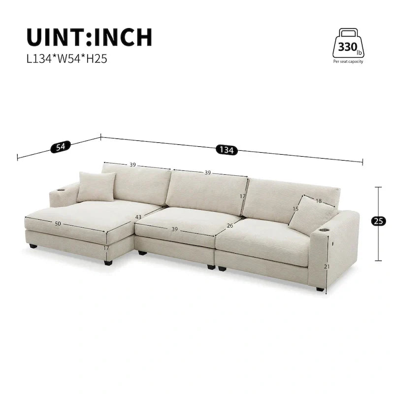 Canapé Sectionnel Surdimensionné en Velours Côtelé, Canapé Nuage Forme L avec Port de Chargement USB, Porte-Gobelet, Canapé-Lit Assise Profonde avec Méridienne 50 pouces