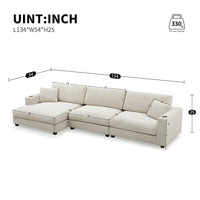 Canapé Sectionnel Surdimensionné en Velours Côtelé, Canapé Nuage Forme L avec Port de Chargement USB, Porte-Gobelet, Canapé-Lit Assise Profonde avec Méridienne 50 pouces