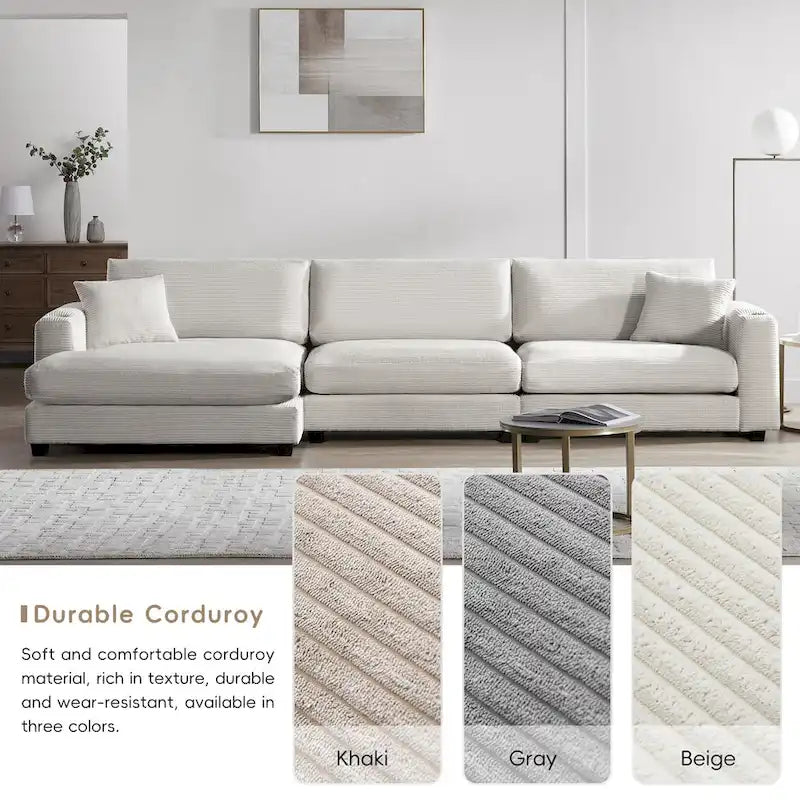 Canapé Sectionnel Surdimensionné en Velours Côtelé, Canapé Nuage Forme L avec Port de Chargement USB, Porte-Gobelet, Canapé-Lit Assise Profonde avec Méridienne 50 pouces