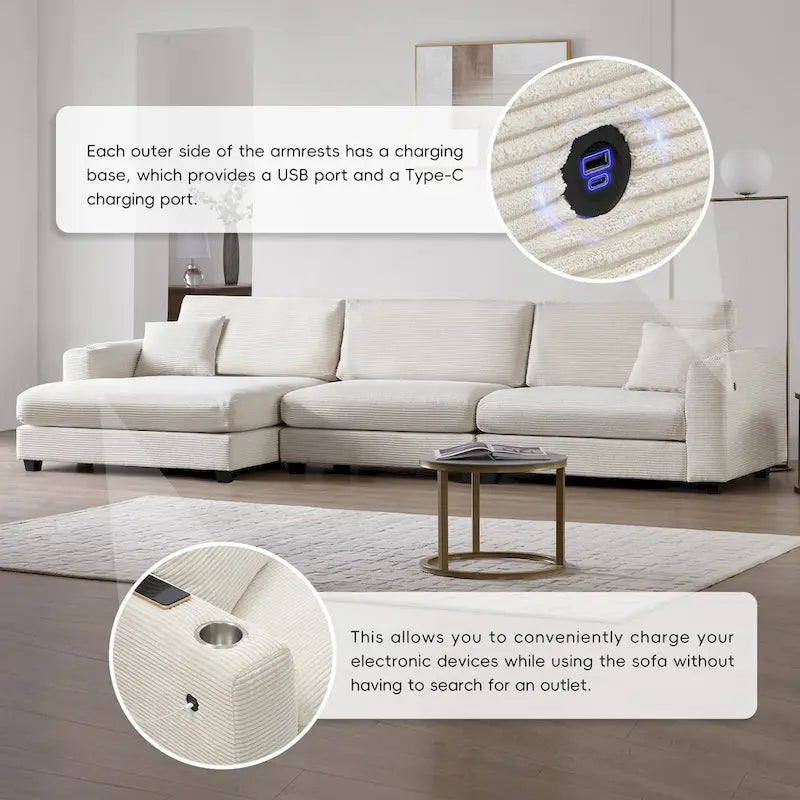 Canapé Sectionnel Surdimensionné en Velours Côtelé, Canapé Nuage Forme L avec Port de Chargement USB, Porte-Gobelet, Canapé-Lit Assise Profonde avec Méridienne 50 pouces