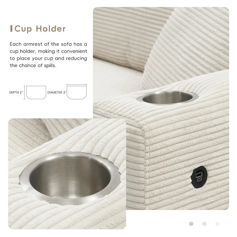 Canapé Sectionnel Surdimensionné en Velours Côtelé, Canapé Nuage Forme L avec Port de Chargement USB, Porte-Gobelet, Canapé-Lit Assise Profonde avec Méridienne 50 pouces
