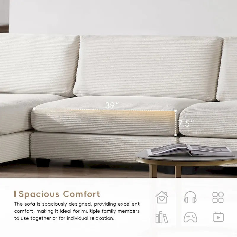 Canapé Sectionnel Surdimensionné en Velours Côtelé, Canapé Nuage Forme L avec Port de Chargement USB, Porte-Gobelet, Canapé-Lit Assise Profonde avec Méridienne 50 pouces