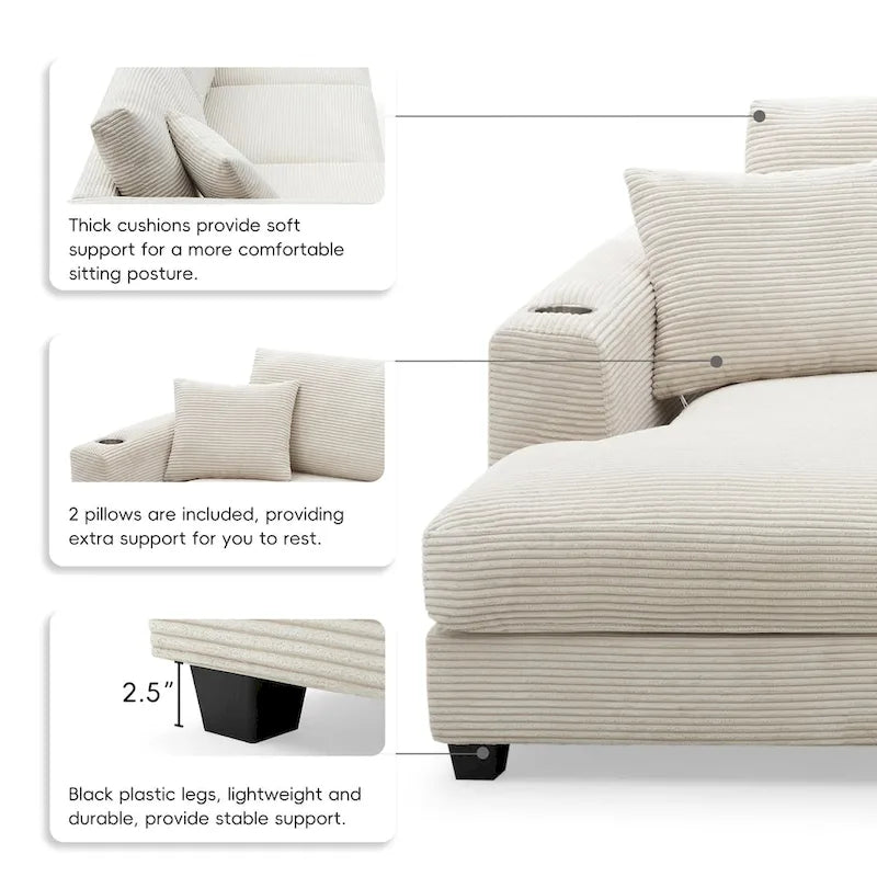 Canapé Sectionnel Surdimensionné en Velours Côtelé, Canapé Nuage Forme L avec Port de Chargement USB, Porte-Gobelet, Canapé-Lit Assise Profonde avec Méridienne 50 pouces