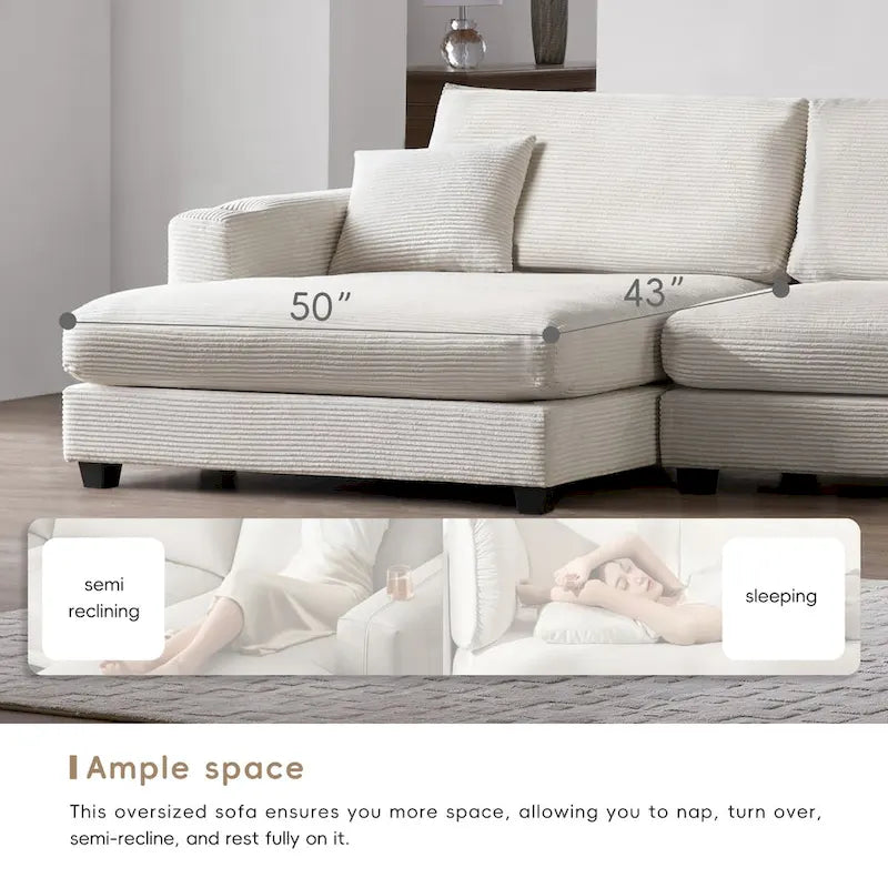 Canapé Sectionnel Surdimensionné en Velours Côtelé, Canapé Nuage Forme L avec Port de Chargement USB, Porte-Gobelet, Canapé-Lit Assise Profonde avec Méridienne 50 pouces