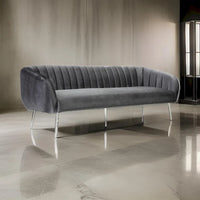 Canapé Decy 74 po, surpiqûres horizontales, assise coussinée, velours gris, argent