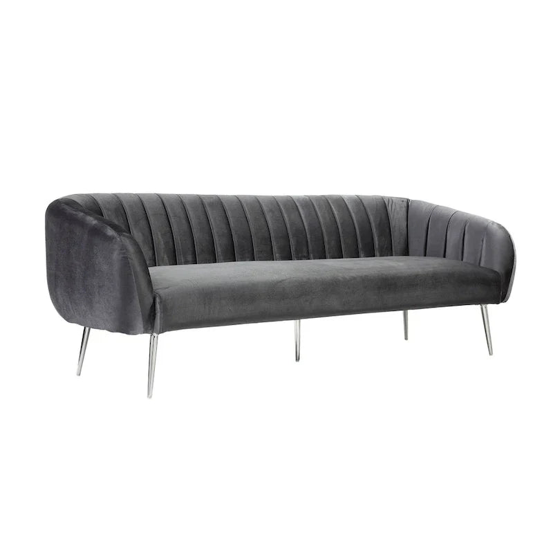 Canapé Decy 74 po, surpiqûres horizontales, assise coussinée, velours gris, argent