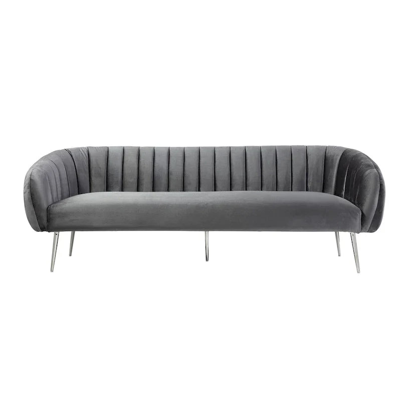 Canapé Decy 74 po, surpiqûres horizontales, assise coussinée, velours gris, argent