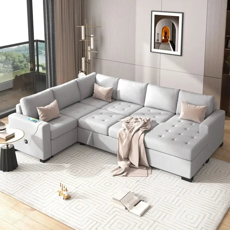 Canapé d'angle en L avec pouf, interfaces USB et Type-C