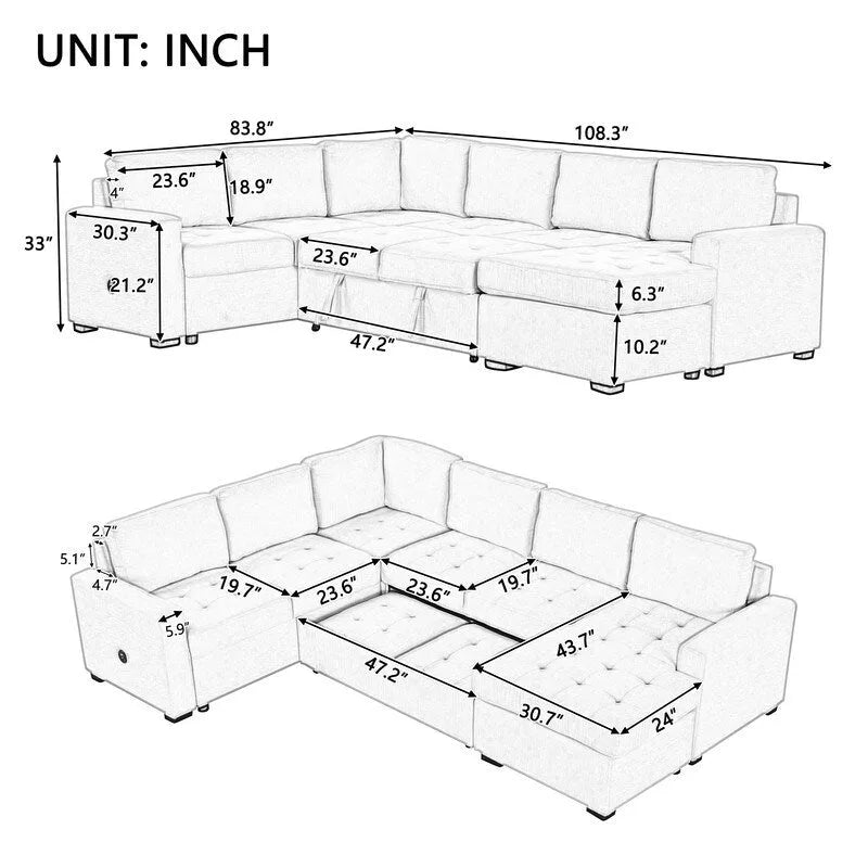 Canapé d'angle en L avec pouf, interfaces USB et Type-C