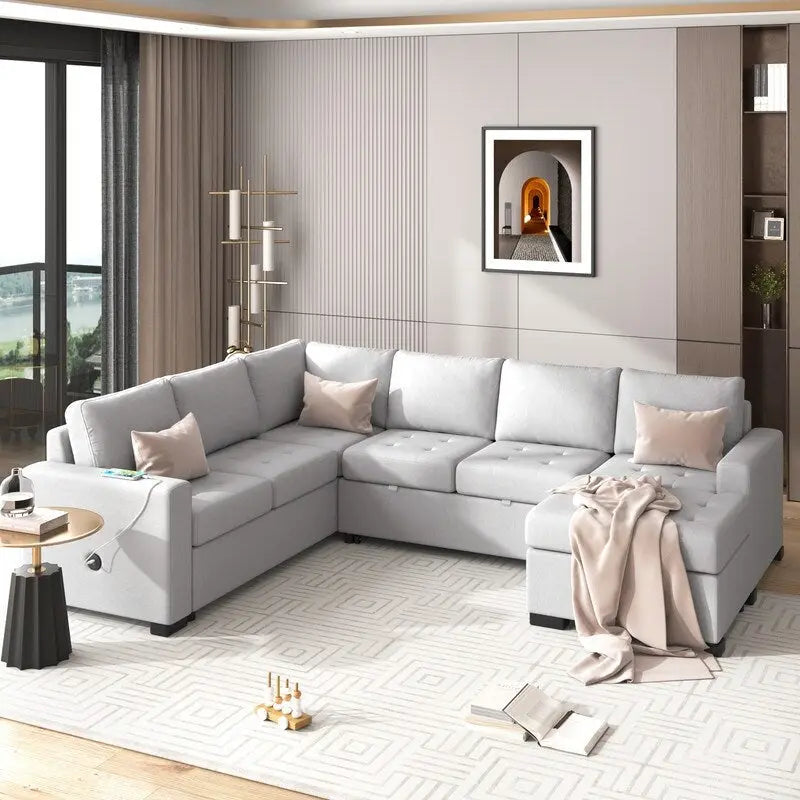 Canapé d'angle en L avec pouf, interfaces USB et Type-C