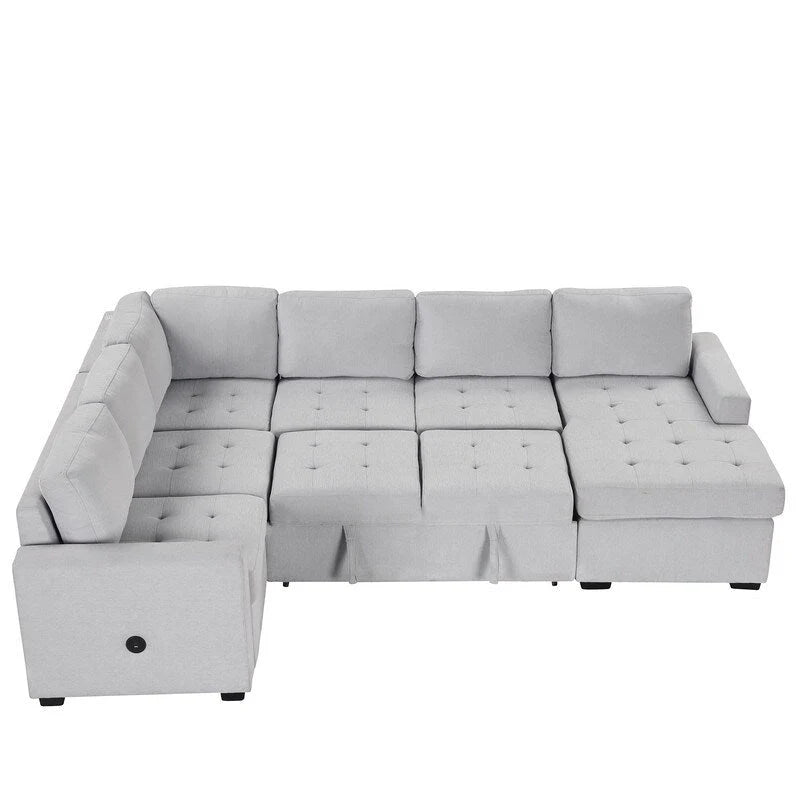 Canapé d'angle en L avec pouf, interfaces USB et Type-C