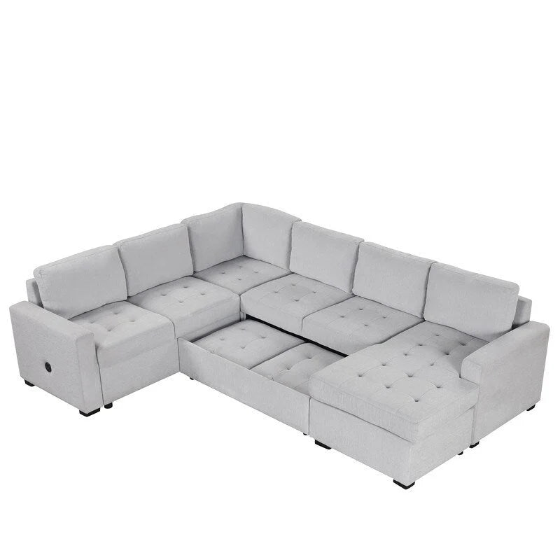 Canapé d'angle en L avec pouf, interfaces USB et Type-C