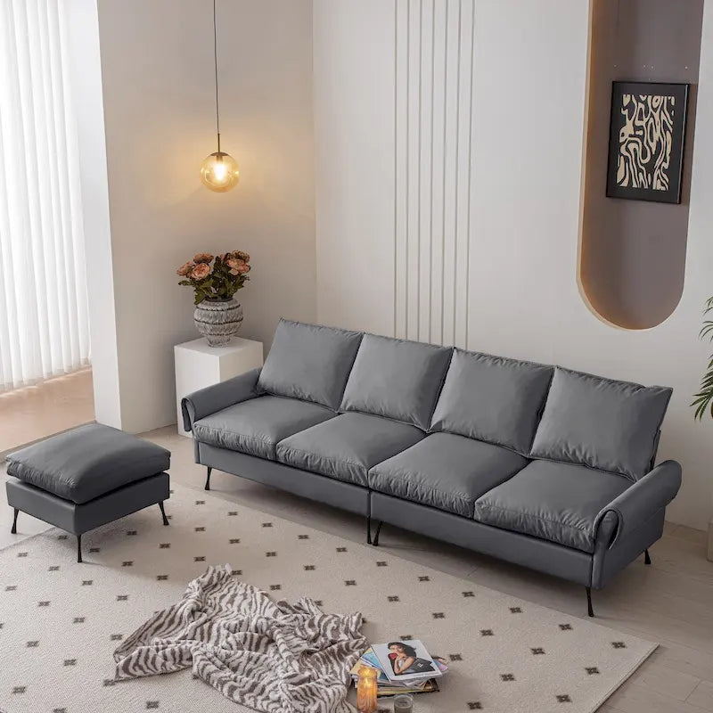 Canapé d'angle moderne 104,5 po avec revêtement en cuir technique et pouf convertible, gris foncé