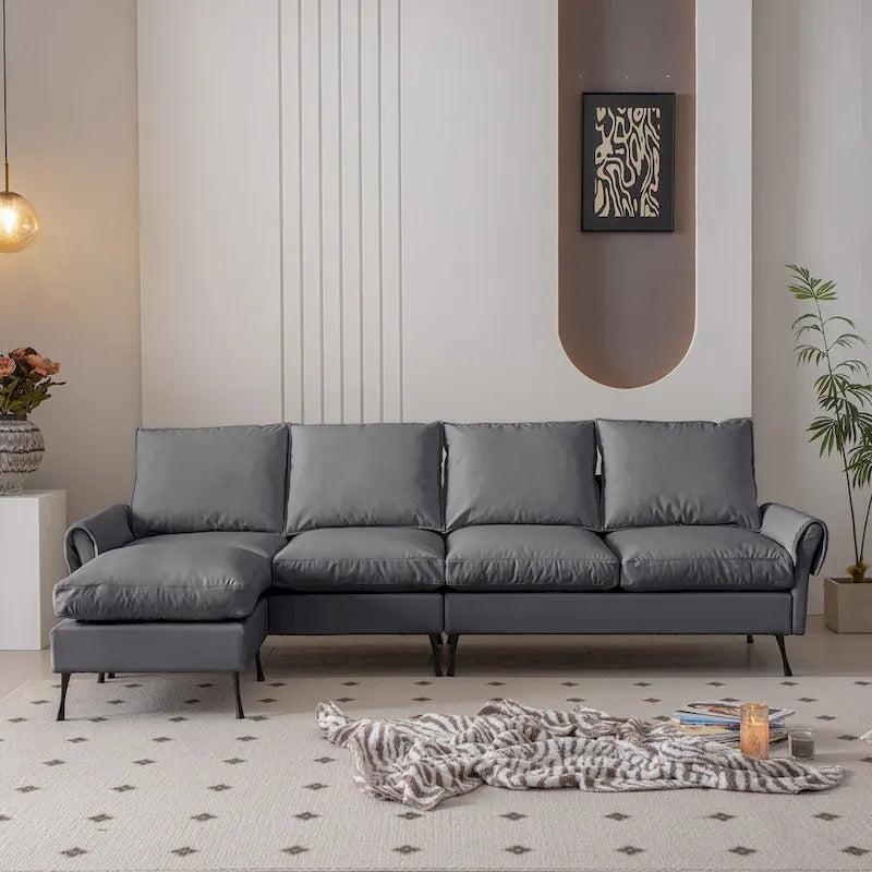 Canapé d'angle moderne 104,5 po avec revêtement en cuir technique et pouf convertible, gris foncé