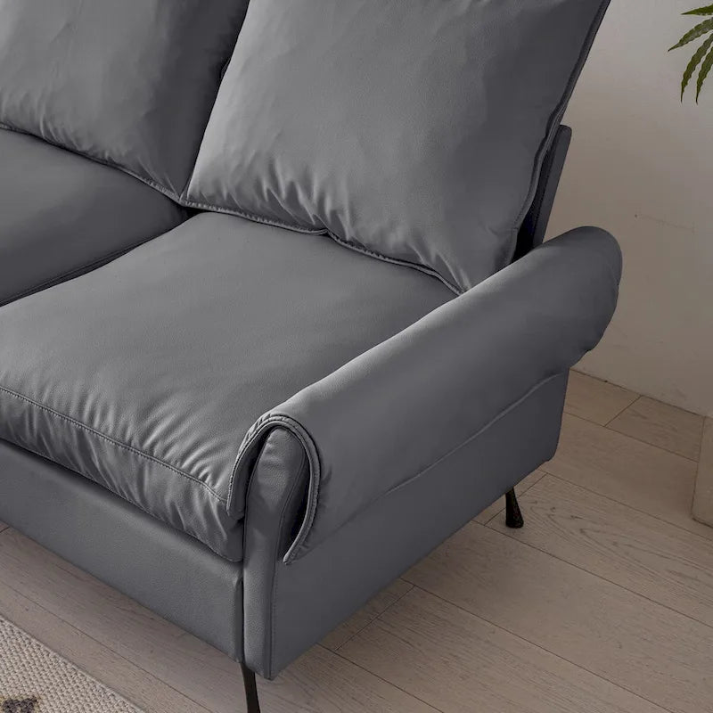 Canapé d'angle moderne 104,5 po avec revêtement en cuir technique et pouf convertible, gris foncé