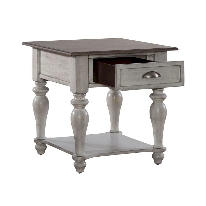 Table d'appoint avec tiroir Ocean Isle blanc antique et pin patiné