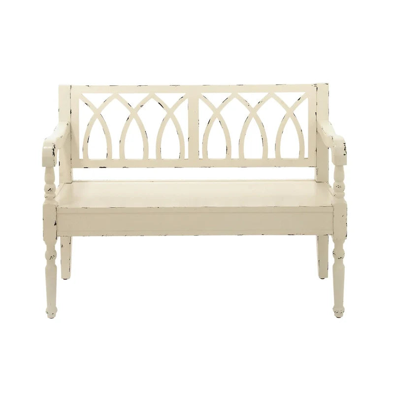 Banc en bois vieilli avec dossier au design arqué et pieds tournés - noir ou blanc - Roche River Decor