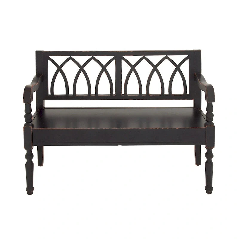 Banc en bois vieilli avec dossier au design arqué et pieds tournés - noir ou blanc - Roche River Decor