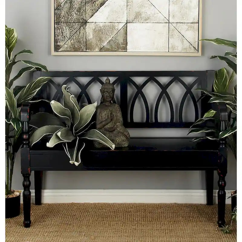 Banc en bois vieilli avec dossier au design arqué et pieds tournés - noir ou blanc - Roche River Decor