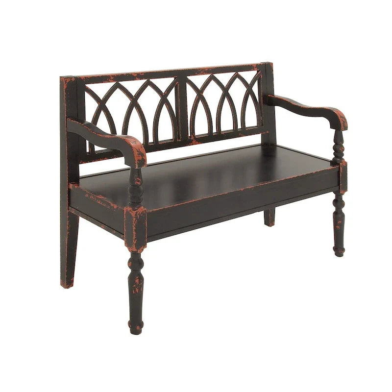 Banc en bois vieilli avec dossier arqué et pieds tournés – Noir ou blanc – Roche River Decor