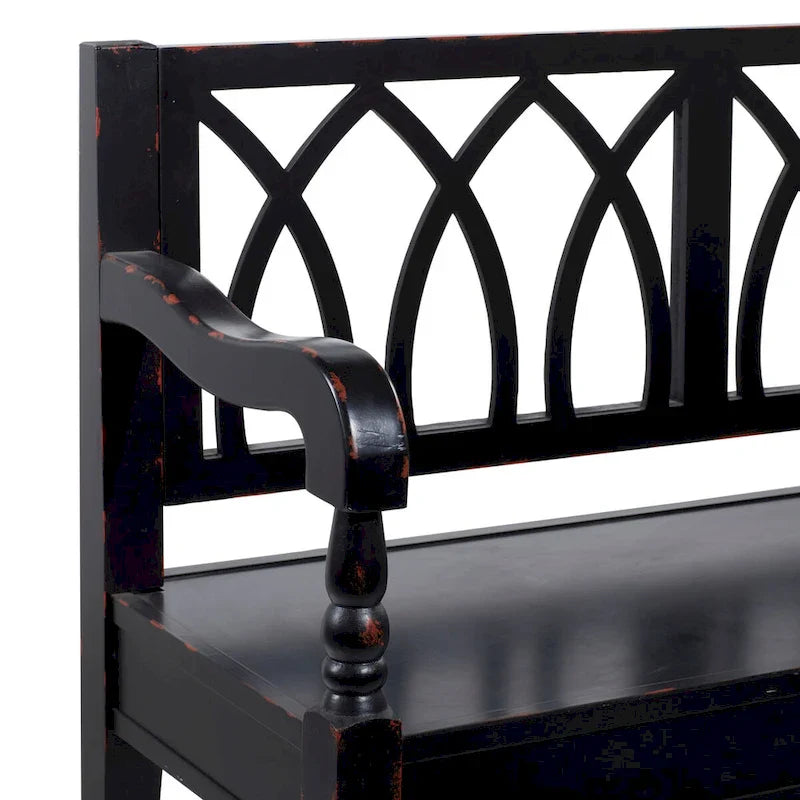 Banc en bois vieilli avec dossier au design arqué et pieds tournés - noir ou blanc - Roche River Decor