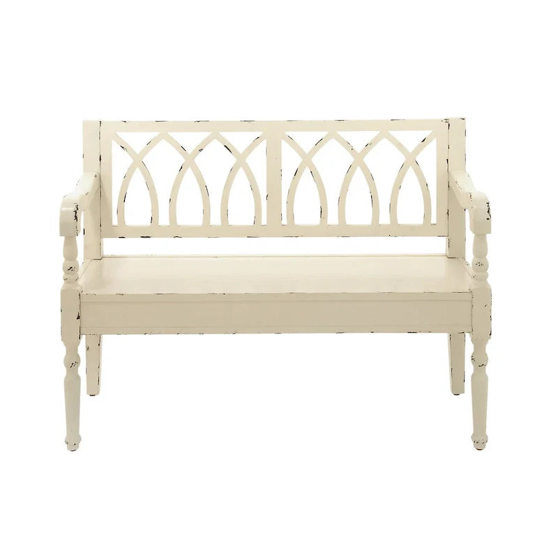 Banc en bois vieilli avec dossier au design arqué et pieds tournés - noir ou blanc - Roche River Decor