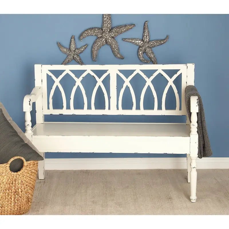 Banc en bois vieilli avec dossier arqué et pieds tournés – Noir ou blanc – Roche River Decor