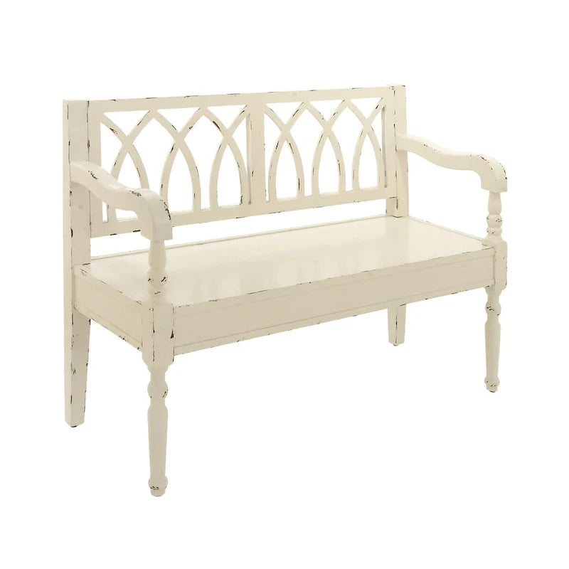 Banc en bois vieilli avec dossier au design arqué et pieds tournés - noir ou blanc - Roche River Decor