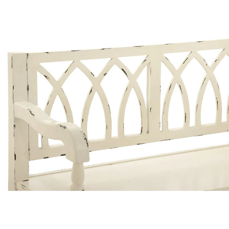 Banc en bois vieilli avec dossier au design arqué et pieds tournés - noir ou blanc - Roche River Decor