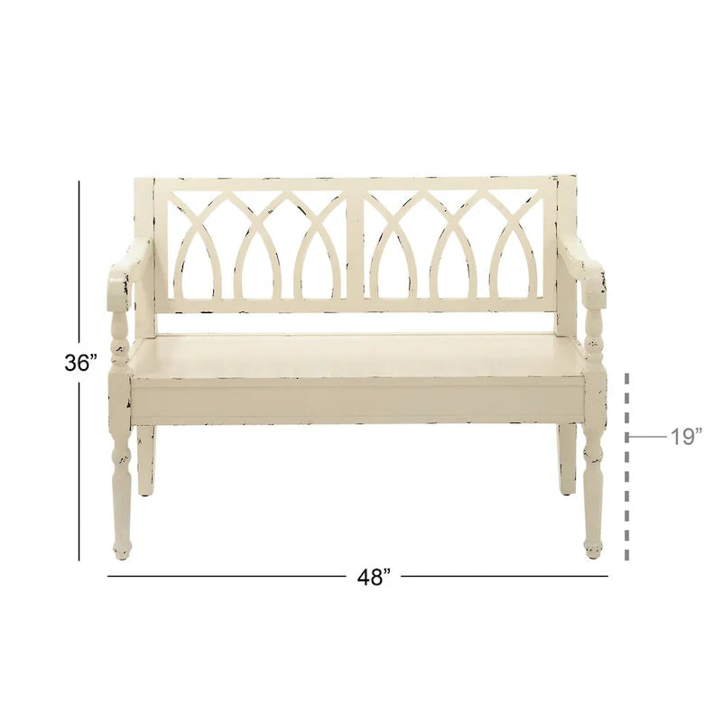 Banc en bois vieilli avec dossier au design arqué et pieds tournés - noir ou blanc - Roche River Decor