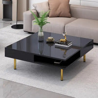 Table basse laquée : 4 pieds dorés, 2 tiroirs, design carré à 2 niveaux