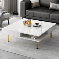 Table basse laquée : 4 pieds dorés, 2 tiroirs, design carré à 2 niveaux