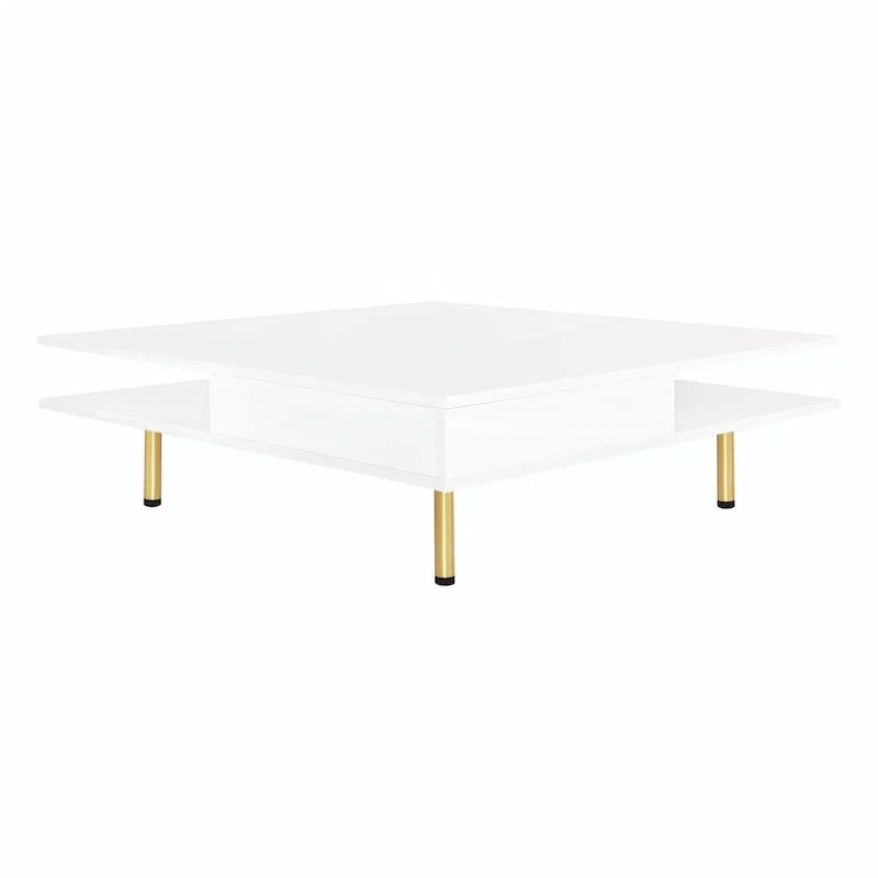 Table basse laquée : 4 pieds dorés, 2 tiroirs, design carré à 2 niveaux