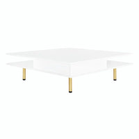 Table basse laquée : 4 pieds dorés, 2 tiroirs, design carré à 2 niveaux