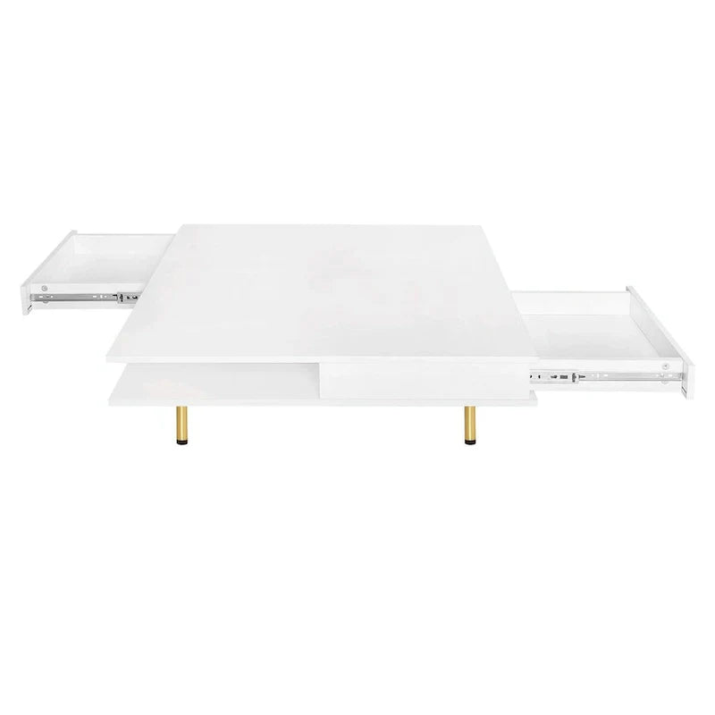 Table basse laquée : 4 pieds dorés, 2 tiroirs, design carré à 2 niveaux