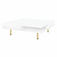 Table basse laquée : 4 pieds dorés, 2 tiroirs, design carré à 2 niveaux