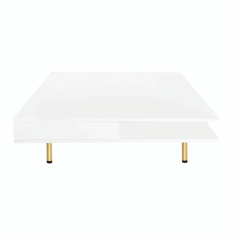 Table basse laquée : 4 pieds dorés, 2 tiroirs, design carré à 2 niveaux