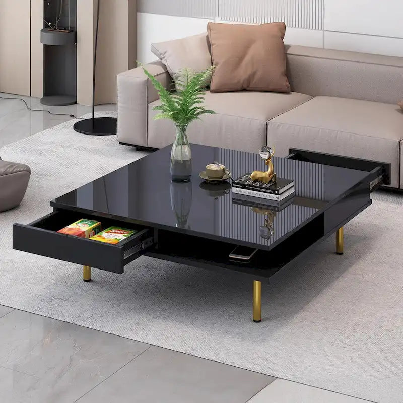 Table basse laquée : 4 pieds dorés, 2 tiroirs, design carré à 2 niveaux