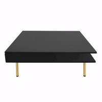 Table basse laquée : 4 pieds dorés, 2 tiroirs, design carré à 2 niveaux