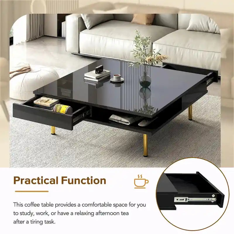 Table basse laquée : 4 pieds dorés, 2 tiroirs, design carré à 2 niveaux