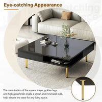 Table basse laquée : 4 pieds dorés, 2 tiroirs, design carré à 2 niveaux