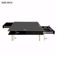 Table basse laquée : 4 pieds dorés, 2 tiroirs, design carré à 2 niveaux
