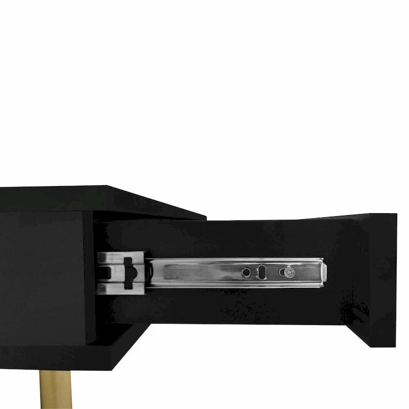 Table basse laquée : 4 pieds dorés, 2 tiroirs, design carré à 2 niveaux