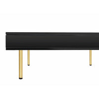 Table basse laquée : 4 pieds dorés, 2 tiroirs, design carré à 2 niveaux