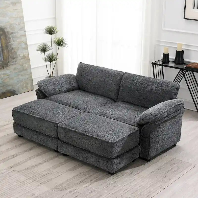 Ensemble canapé-lit sectionnel modulable convertible à combinaison libre 4 places rembourré, assise profonde, ottoman, gris